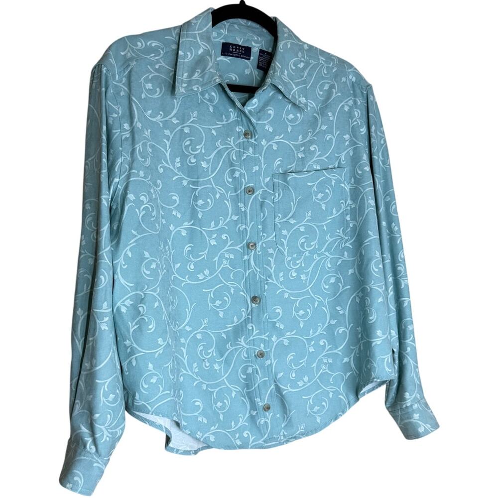 Crazy Horse Liz Claiborne Women’s Button Down Blouse Green Floral Scroll Size M